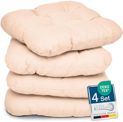 Beautissu 4er Set Sitzkissen Indoor & Outdoor mit Schaumstoff Füllung | 40x40cm 8cm Natur weiche widerstandsfähige & robuste Sitzpolster für Außenbereich Kissen Stuhlkissen Gartenstuhl Auflage Lisa