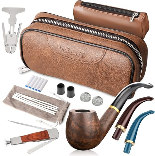 Scotte Pipe à tabac en cuir de poirier, accessoires pour pipe à tabac (racloir/support/élément filtrant/boule filtrante/petit sac/boîte) (marron)