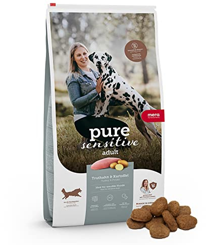 MERA Pure Sensitive Fresh Meat Truthahn & Kartoffeln, Hundefutter trocken mit viel frischem Fleisch, gesundes Trockenfutter getreidefrei für ausgewachsene Hunde (12,5 kg)