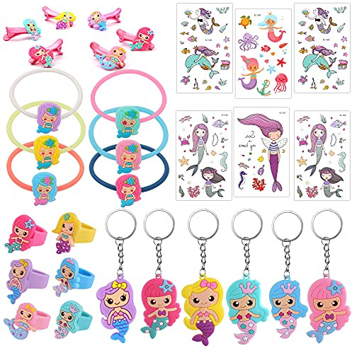 HOWAF 30 Stück Meerjungfrau Party Set, Meerjungfrau Armband, Ringe, kindertattoos, Haarspange, Schlüsselanhänger für Kinder Gastgeschenke Mädchen deko Kindergeburtstag Mitgebsel