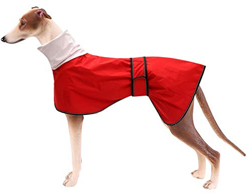 MOREZI Hunderegenmantel mit Stehkragen, Wasser- und Winddicht, mit reflektierenden Streifen und Verstellbarer magischer Schnalle, geeignet für Windhunde und Whippets-Rot-XXL