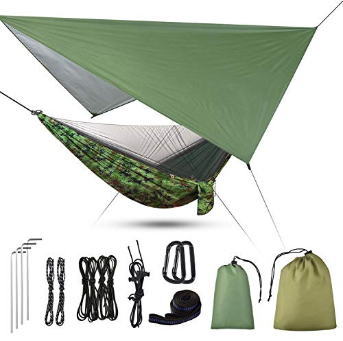 Camping Hängematte, Uong 3 In 1 Reisehängematte Mit Moskitonetz Und Zelt Tarp, Hängematte 2 Personen 200kg Last Kapazität Outdoor Ultraleichte Atmungsaktiv für Outdoor, Wandern, Reisen (290cm x 140cm)