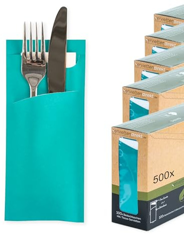 PG PrimeGuest SUPPLY Bestecktasche Prime Fit 85x190mm, Serviettentasche mit 2-lagiger Tissue-Serviette in Weiß Bestecktaschen ideal für Gastronomie und Feiern 500 Stück (Petrol)