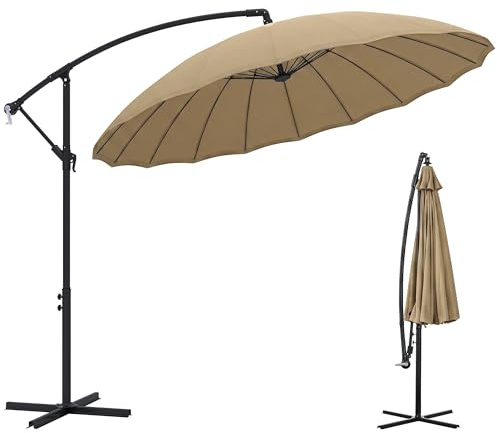 Outsunny 3(m) Cantilever Shanghai Parasol Garden Hanging Banana Sun Umbrella with Tilt and 360° Rotation, Crank Handle, 18 Sturdy Ribs and Cross Base, Beige
