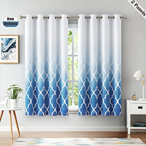 Beauoop Blackout Curtains for Bedroom Blue Ombre Curtains 54 Inch Drop Geometric Print Eyelet Curtain for Living Room Darkening Thermal Insulated Window Curtain Drapes 2 Panel