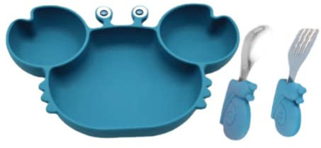 Molinter Assiette de table pour bébé avec ventouse, cuillère, fourchette, bol pour enfants en bas âge, design crabe, en silicone pour tout-petits, assiettes pour chaise haute (bleu)