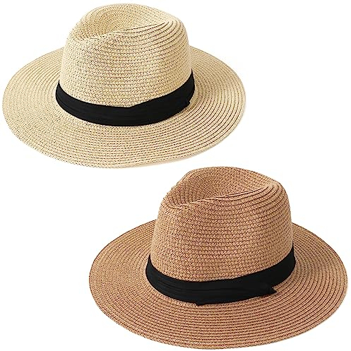 KXF Stroh-Sonnenhut für Damen und Herren, breite Krempe, verstellbar, Panama-Sonnenkappe, Sommer, Strand, Reisen, 2 Stück, Beige + Khaki