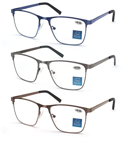 MODFANS 3 Paire de Lunettes de Lecture Homme Anti Lumiere Bleue - Monture Rectangle en Metal Acier Inoxydable Lunettes de Vue Lunettes Loupe Gris-Bleu-Marron