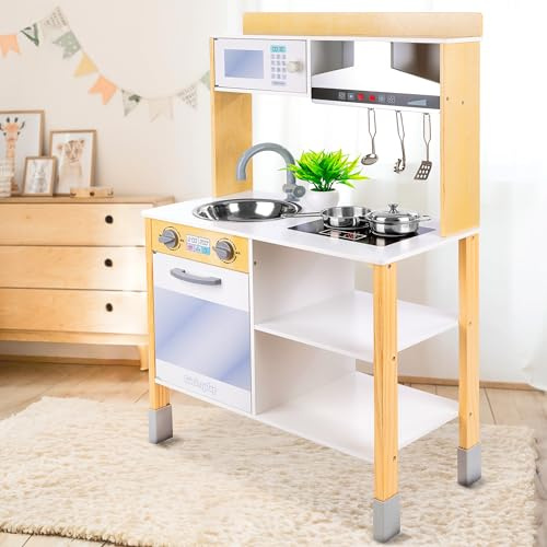 Kinderplay Cucina Giocattolo in Legno 100 cm – Cappa con Luce e Suono, Forno e Microonde – Lavello Estraibile con Rubinetto – Gioco di Ruolo per Bambini 3+