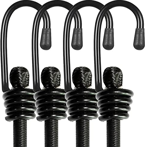 BEXSLE Bungee Cords With Hooks, Heavy Duty Outdoor Elastic Bungee Straps，No odour Industrial Grade bungee rope For Securing Tarps, Luggage, Tents, Bikes or garden tidying 24inch 4Pcs (Black)