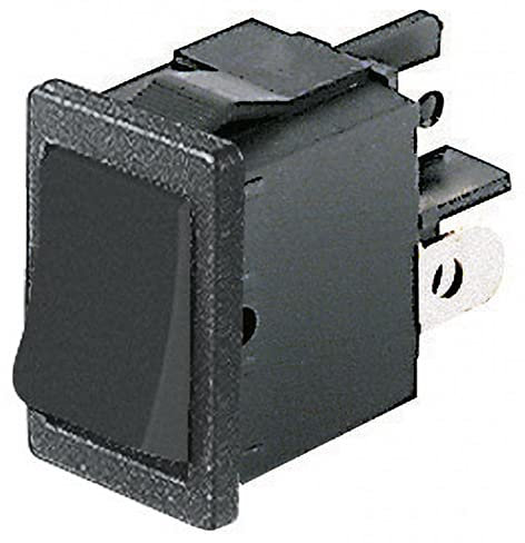 Interruttore bipolare a bilanciere DPST bipolare ON-OFF con tasto nero e con terminali faston 4,8mm, foro di montaggio 19x13mm, 250V 6A