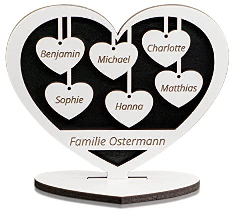 Munera Design – Herz mit Ständer und Gravur, individuelles Geschenk – Wunschtext 6 Namen - Größe 15x12x9cm