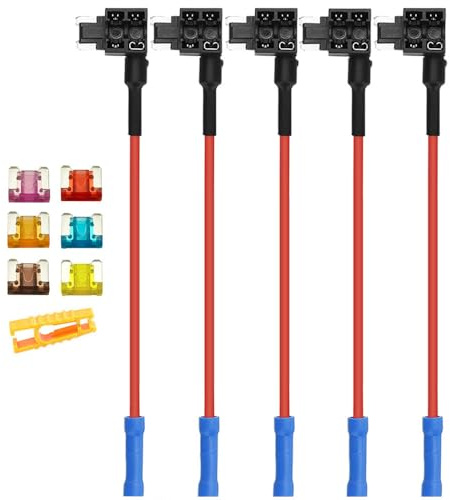 Aiqeer 5 Stück 12V / 24V Low-Profile Piggyback Sicherungshalter, Auto Add-a-Circuit Sicherung Tap mit Kabelbaum, Gratis 6 Stück Micro Flachsicherungen und Sicherungszieher (Crimp Terminal)