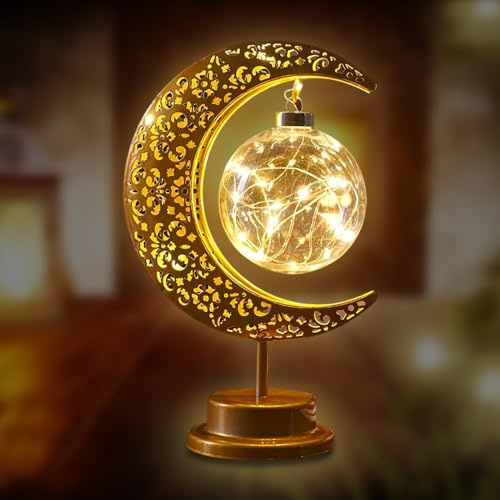 IWTBNOA LED Ramadan Lichter Mondlampe, LED Mond Stern Tischlampe, Ramadan Lichterkette, Eisen Ramadan Halbmond Lampe, Ramadan Deko Lampe, Eid Lichter, Muslim Islam Tischdekoration Batteriebetriebene
