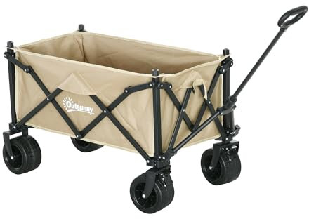 Outsunny 110L Festival Trolley on Wheels, Folding Camping Trolley Cart with Telescopic Handle, Carry Bag and All-Terrain Big Wheels, for Garden, Beach, Fishing, Black, Khaki