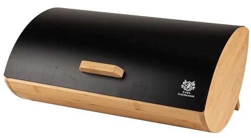 KARL HAUSMANN Boite a Pain Bois Noir avec un Couvercle en Inox - 35x25x15,5 cm - Huche à Pain Rectangulaire - Boîte à Pain Moderne - Rangement Pain - Bread Box - Boit Pain - Coffre à Pain - Niche