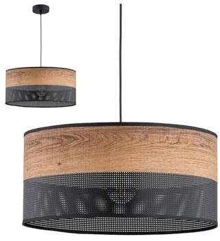 KAR LIGHTING Pendelleuchte 1-flammig aus schwarzem Metall mit Holzoptik-Details (PVC), höhenverstellbar | E27 Fassung | LED geeignet | Hängelampe für Wohn-, Esszimmer, Küche, Büro