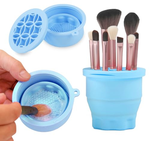 Ranphykx Makeup Brushes Cleaner Mat with Brush Storage Holder, Folding Portable Washing Tool for Makeup Cleaning, 2 In 1 Silicone Brush Cleaner Pad & Cosmetic Organizer Rack (Blue)