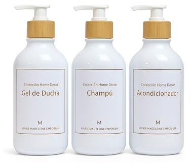 Marie Madeleine Set de 3 Botes para Gel y champú dde 500 ml | Dispensador gel y champú para la ducha en PET, sin BPA y con tapa de bambú, Bote dosificador con pegatina en Español