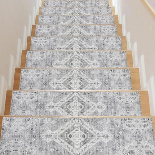 Homcomodar 15PCS Stufenmatten Innen 76x20cm Vintage Treppenstufen Matten,Rutschschutz Treppenteppich für Holzstufen,Gummirücken Stufenteppich Selbstklebend Teppich für Treppenstufen(Grau)