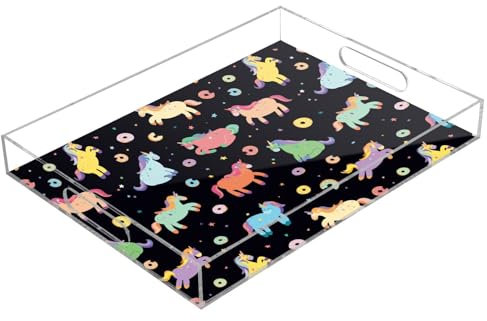 Cute Unicorns Donuts Square Acrylic Tray Acrylic Serving Tray with Handles 12x16 inches Acrylic Trays for Serving Spill-Proof