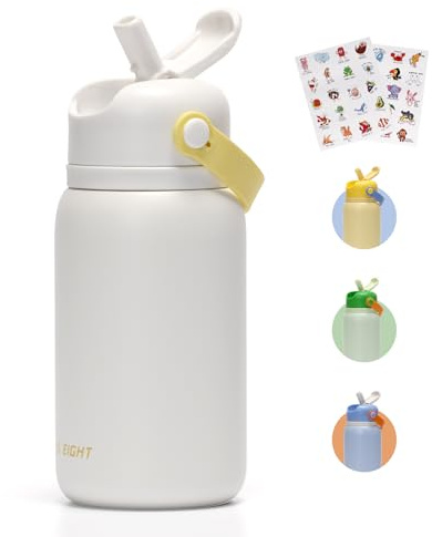 pluseight Kids Insulated Water Bottle, 450ml Kids Water Bottle with Stickers, 18/8 Stainless Steel Leak Proof with Straw for School Travel Boys Girls (White)