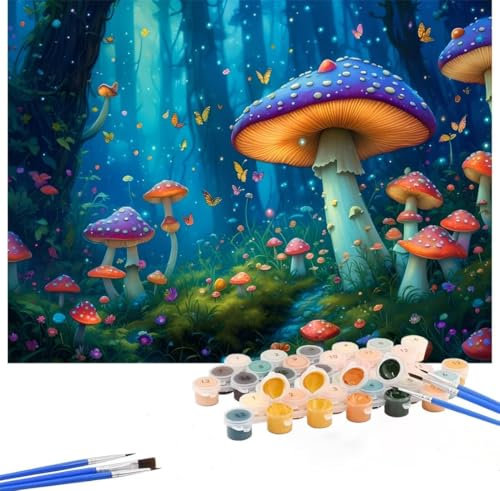 Forest Paint by Numbers for Adults 18x24inch,Paint by Numbers Mushroom Painting by Number Canvas Kits,DIY Color Oil Painting Acrylic Paints with 3 Paint Brushes for Home Decor,Without Frame Hs-222