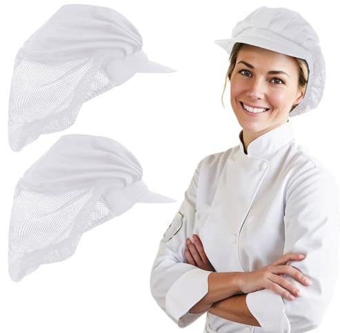 Styquenzer Haarnetze für Gastronomie, Kochmütze, Haarnetz, Hut, weiß, verstellbare Kochkappe mit Krempe, halbes Netzgewebe, Catering-Hüte, Haarabdeckung, kühlender Hut für Küche, Restaurant, Kochen, 2