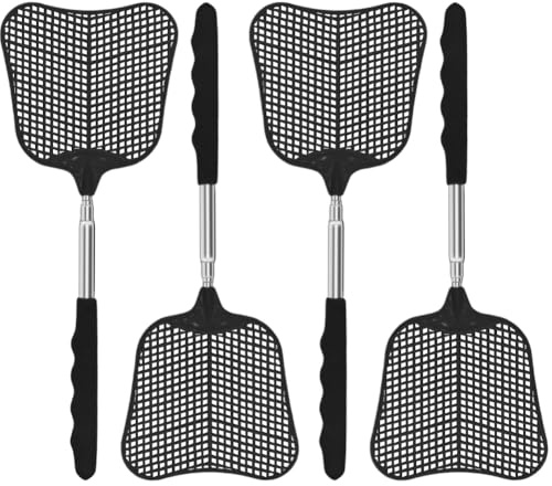 MYSTICHOME Fliegenklatsche 4 Stück, langlebig, robuste Kunststoff-Fliegenklatsche, Edelstahl, Teleskop-Fliegenklatsche für Innen/Outdoor/Küche/Garten (4 Stück, schwarz)