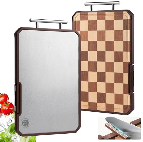 Titanium Cutting Board with Knife Sharpener, Pure Titanium & Acacia Wood Cutting Boards for Kitchen, Double Sided Checkerboard Chopping Board with Handle & Stand, 16.7”×10.4”x×1.2”