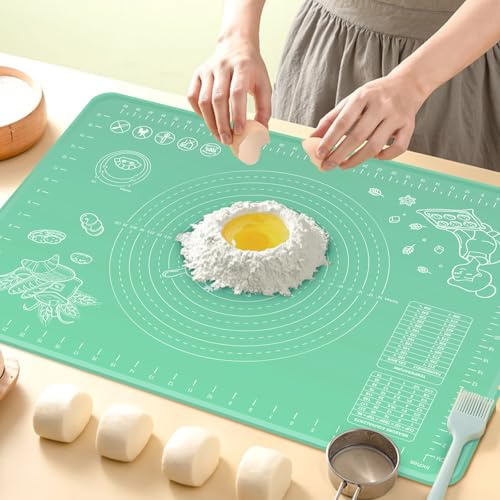 Bakverksmatta i silikon 80 x 60 cm extra tjock non-stick bakmatta med mått och kanthöjning, matkvalitet silikon rullande degbräda för bakverk, bröd, kakor, pizza, fondant, pasta – grön
