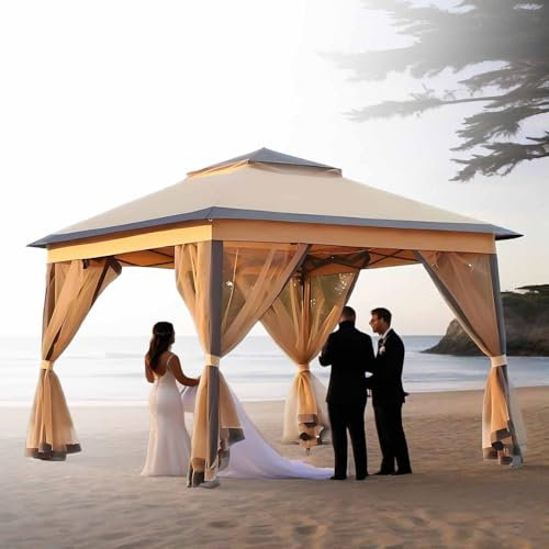Waterproof Metal Pergola, Outdoor Instant Patio Canopy Shelter with Mosquito Netting Sides, 3.3m X 3.3m Garden Heavy Duty Pavilion Canopy Tent, for Wedding Event, Park,Khaki-3cmlegs