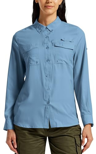 MoFiz Camicia Trekking Donna Maniche Lunghe Bluse Sportiva UPF50+ Button Down Camicia Blu L