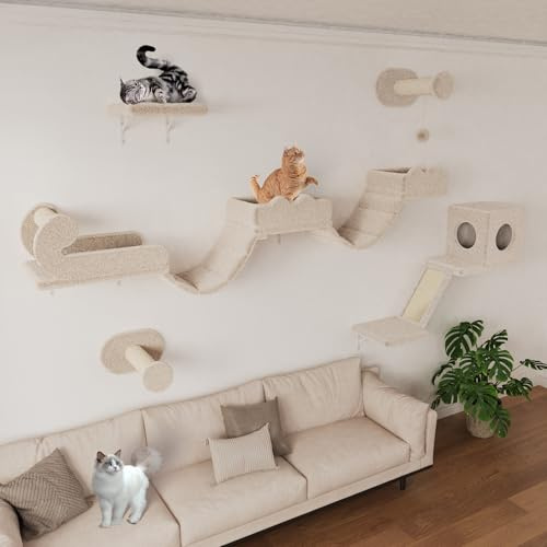 BYBYME Kletterwand Katzen Mit Langer BrüCke, Katzenregale Mit KratzbäUmen Und Katzenhaus, 5PCS Platzsparendes KlettermöBel FüR Erwachsene Katzen Und KäTzchen (Beige)