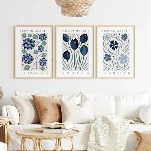 Generisch 3er Set Blumen Poster, Blau Florale Leinwanddrucke Poster Set, Ästhetisch Schlafzimmer Wandbilder Stilvolle Einfachheit Wanddeko，Ohne Rahmen (40×50)