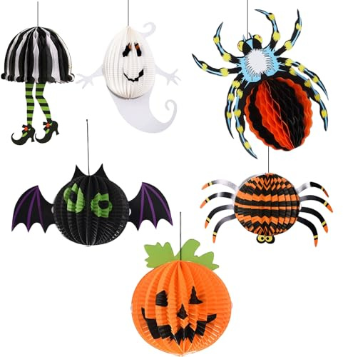 6 Stück Halloween Wabenanhänger Kürbis Spinne Papier Hängedeko Geist Fledermaus Wabenlaterne Anhänger Ornamente Requisiten Partygeschenk für Halloween Party Spukhaus Festival Deko