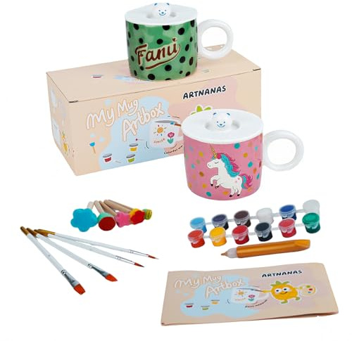 Artnanas Keramik Tassen Bemalen set mit Hochglanz Porzellanfarbe, 2er Mug Cup DIY set Erwachsene Spülmaschinenfes, Kreativ Painting Geschenk für Eltern-Kinder/Liebhaber/Freund (mit Deckel)