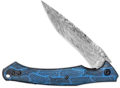 YOUSUNLONG Cuchillo plegable - Hoja de acero damasco martillado - Textura damasco azul G10 Cubierta