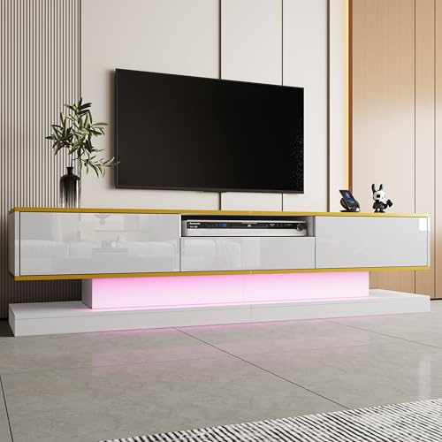 A ALFRESCOOL Mueble de TV moderno con tres cajones y un compartimento abierto, brillante con luces LED que cambian de color, 180 x 38 x 45 cm (blanco)