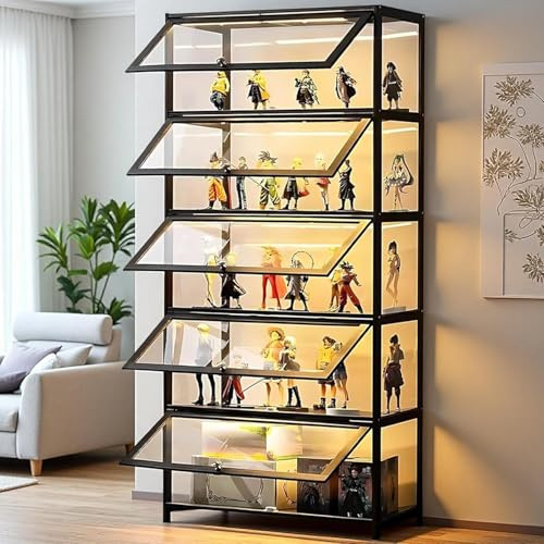 Scribora Vitrine avec porte en verre acrylique, vitrine à 5 niveaux, organisateur de jouets à collectionner, étagère pour chambre à coucher, coin lecture, chambre d'enfant, bambou (porte rabattable