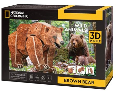 CubicFun 661096 National Geographic 3D Puzzle, Braunbär, 3D Tierpuzzle Bär mit 88 Teilen, Modellbausatz für Kinder ab 8 Jahren