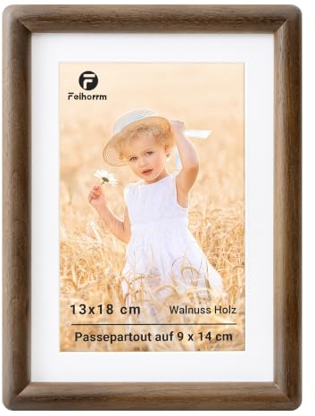 Feihorrm Bilderrahmen 13x18, Walnuss Fotorahmen mit Gehärtetem Glas | Rahmen mit Passepartout für 9x14 Foto, Bilderrahmen Holz für Wohnzimmer, Schlafzimmer, Büro, Wand & Tischbilderrahmen