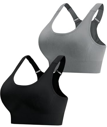 Aseniza sport-BH dam push up sport bh justerbar sportbehå med breda remmar starkt grepp utan bygel korsad rygg vadderad fitness löpning jogging yoga bh, Svartgrå, M