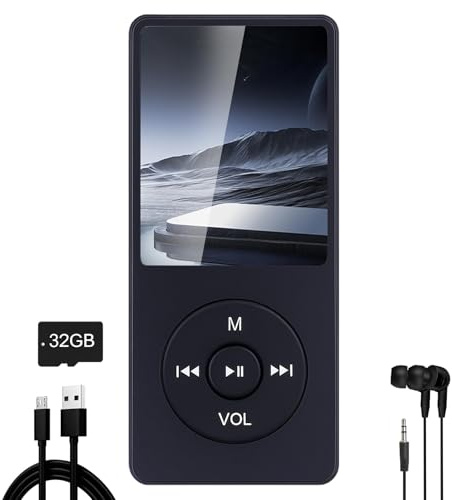 32Go Lecteur MP3 Bluetooth,Baladeur mp3 Musique sans Perte Hi-FI Petit,Bluetooth 5.3 Lecture,Haut-Parleur HD Intégré,Adulte Super écran Couleur Léger de 1,8,Noir，avec Casque, e-Book, Enregistrement
