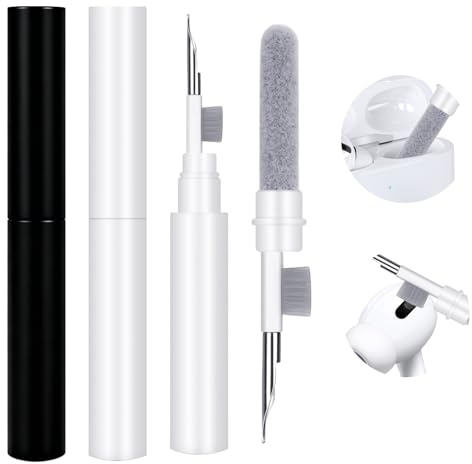 3-in-1 Airpod Cleaning Kit Portable Earbuds Cleaner Pen with Metal Tip Soft Brush & Sponge for Airpods Pro Phone Charging Port Keyboard Electronics (2Pcs/Black&White)