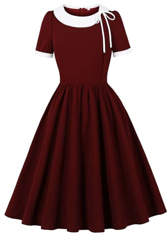 Wellwits Women's Collared Bow Elegant Formal Cocktail Vintage Dress Wine Red L