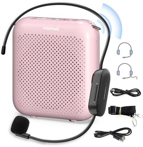 Norwii 15W Amplificador de Voz Inalámbrico con 2 Micrófonos para Profesores | Megáfono bluetooth recargable 5200 mah con micrófono de diadema, sistema portátil de sonido para clases, guías y conferencias