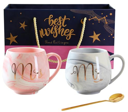 CubePlug Élégantes tasses en céramique marbrée pour anniversaire de couple, cadeaux de mariage pour mariée et marié, cadeau de Noël et de Saint-Valentin – Ensemble de tasses à café (Type-A)