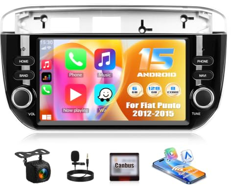 5GWIFI 6G+128G 8Core GOHHDL Autoradio per Fiat Punto 2010-2016/Linea | 7 Pollici Android 15 Stereo con Carplay Android Auto GPS Bluetooth FM/RDS Radio SWC Telecamera MIC
