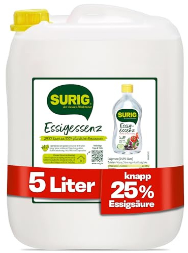 SURIG Essigessenz 5L mit 25% Essigsäure - 100% pflanzlicher Essig zum Reinigen und Entkalken in Küche und Haushalt - Lebensmittelqualität zum Kochen und Einlegen